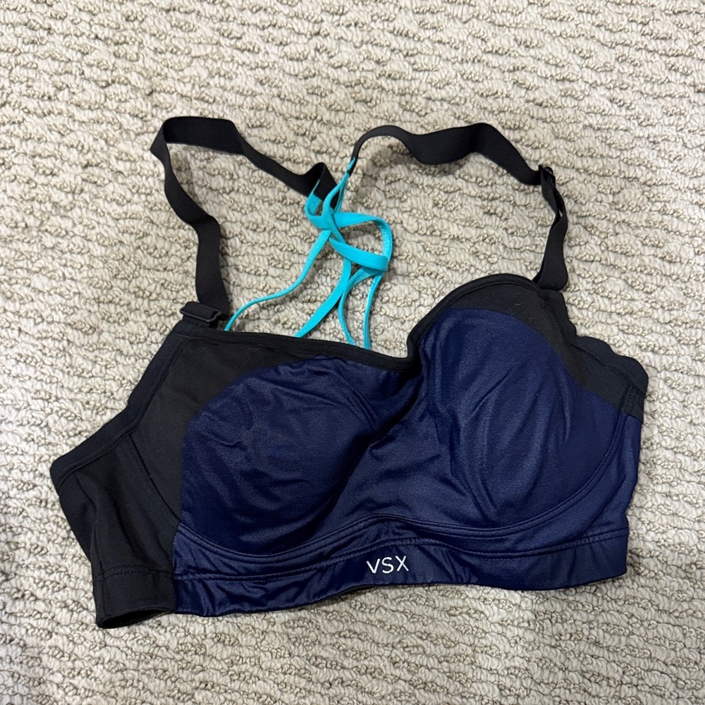 VSX Black and Navy Sports Bra with Teal Accents